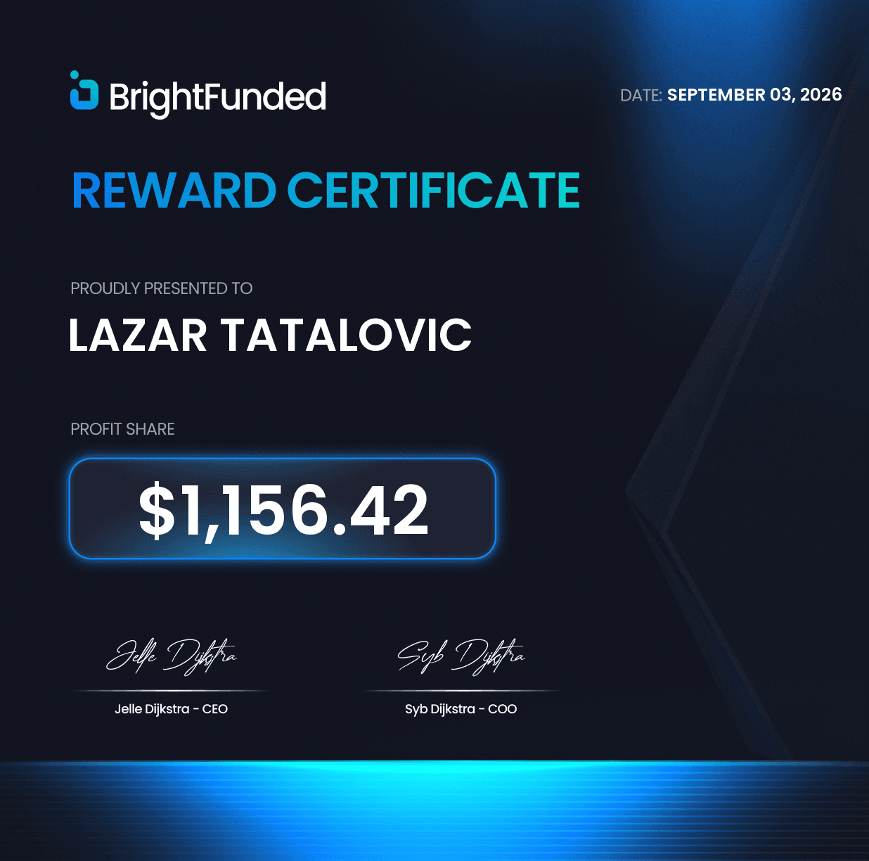 BrightFunded Reward Zertifikat