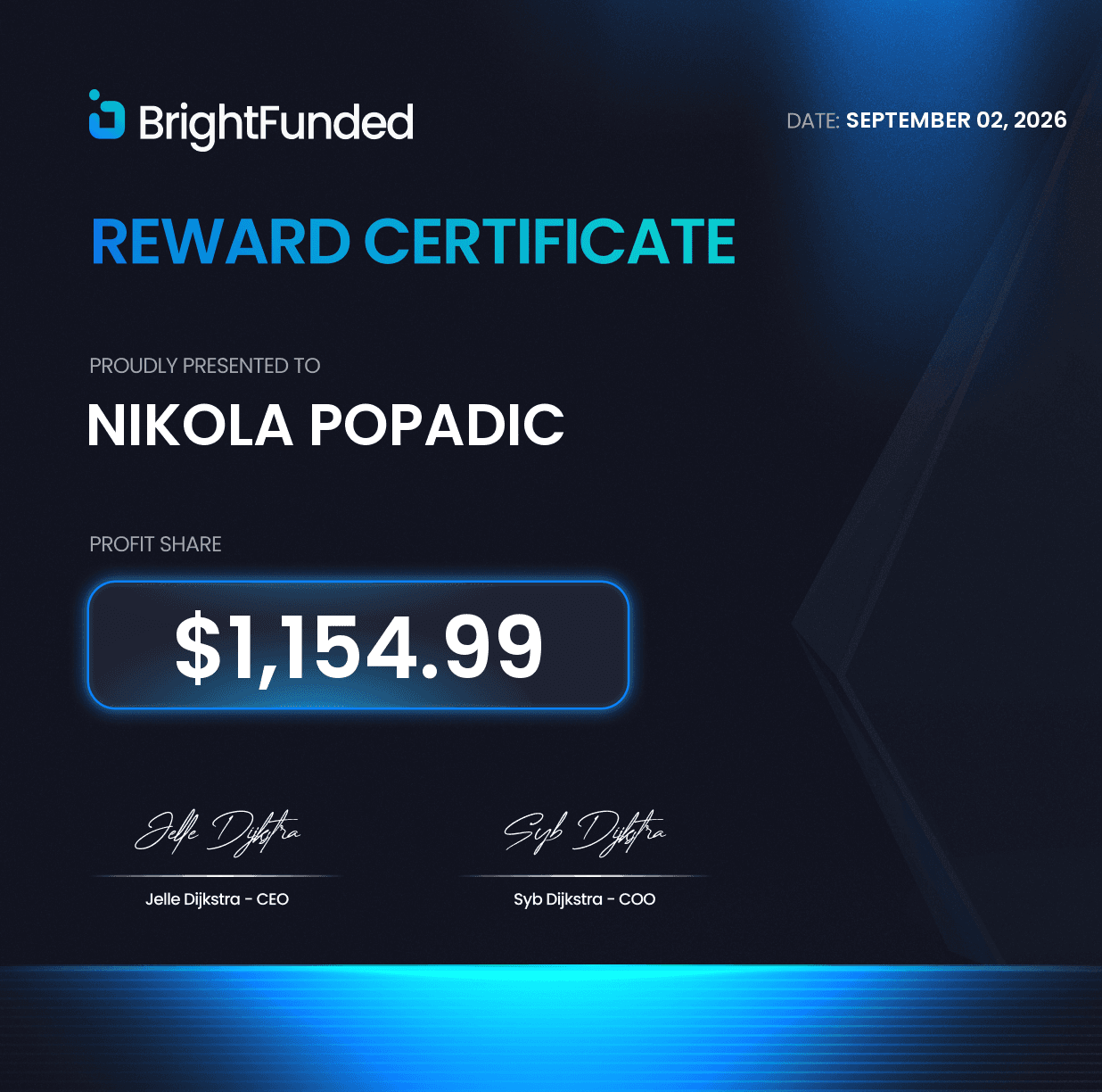 BrightFunded Reward Zertifikat