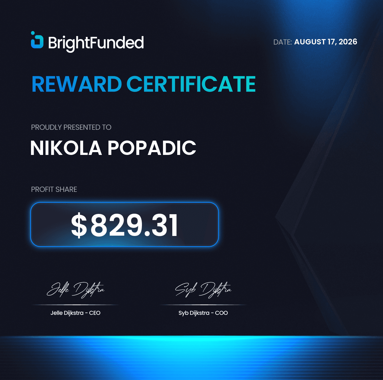 BrightFunded Reward Zertifikat
